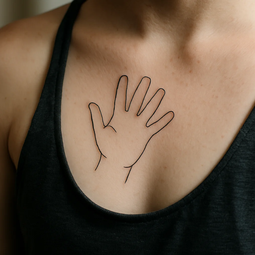 Single-line outline of a toddler's traced hand tattooed on the chest