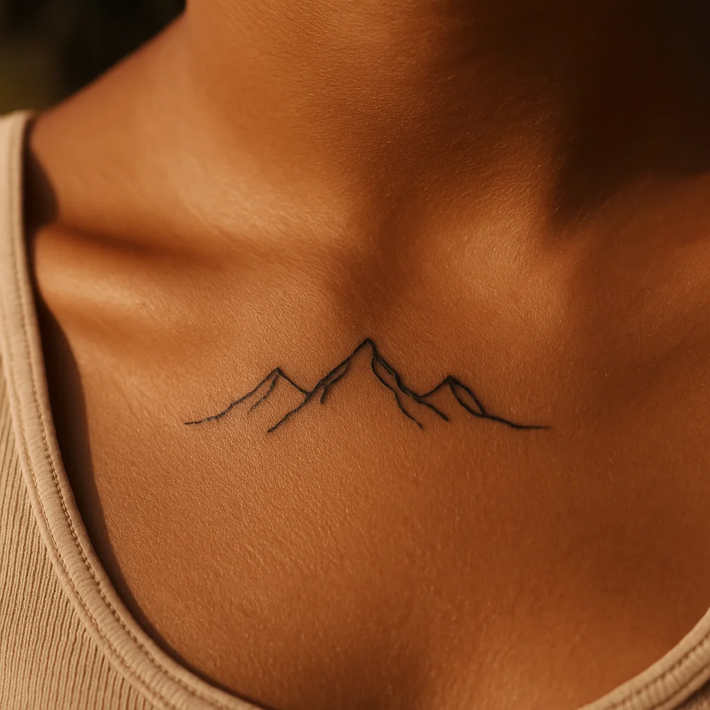 Single-line three-peak mountain range tattooed in fine line along the collarbone