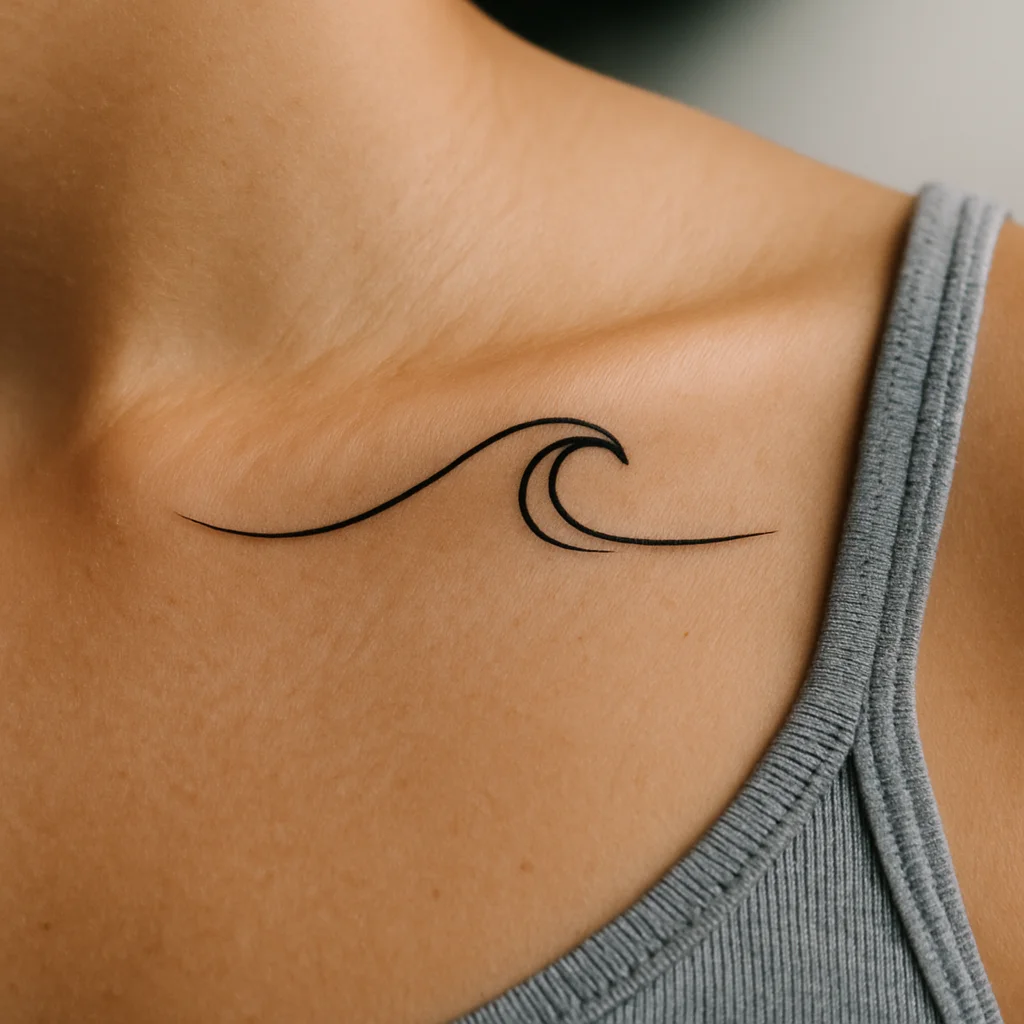 Single-line wave tattoo cresting over the collarbone ridge