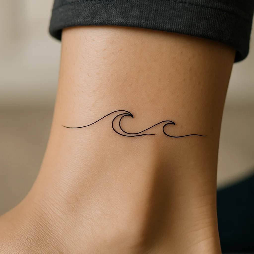 Single-line wave with two crests tattooed across the inner ankle