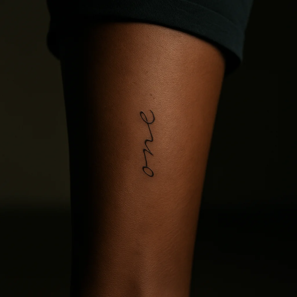 Single lowercase script word tattooed above the ankle on the lower leg