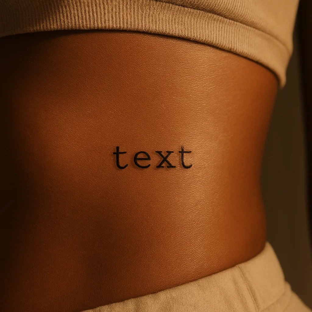 Single lowercase typewriter-style word tattooed on the side of the ribcage