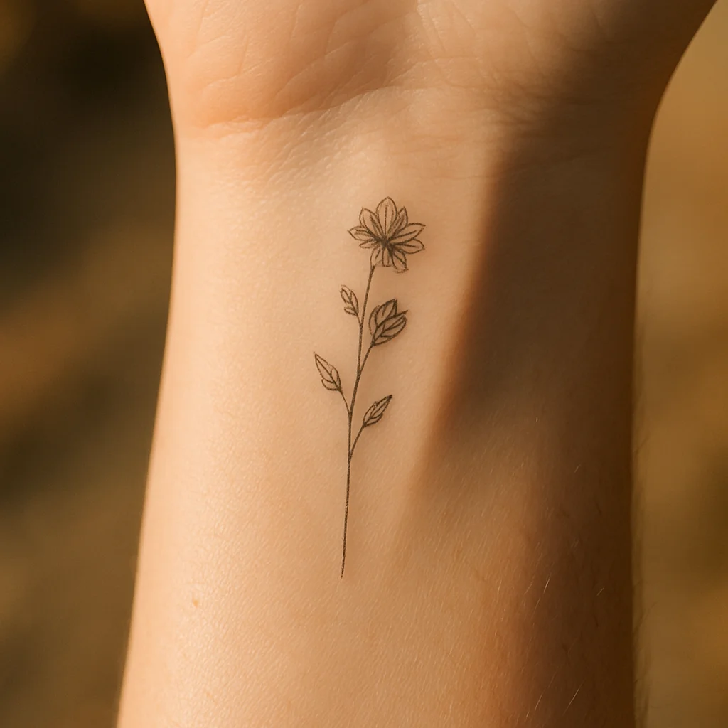 Single-needle continuous line wildflower stem fine-line tattoo on inner wrist under watch strap