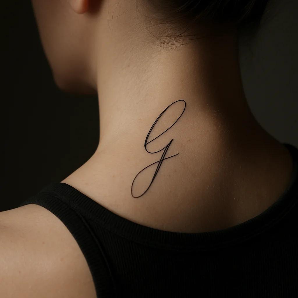 Single-needle cursive initial tattoo with a trailing tail on the nape of the neck