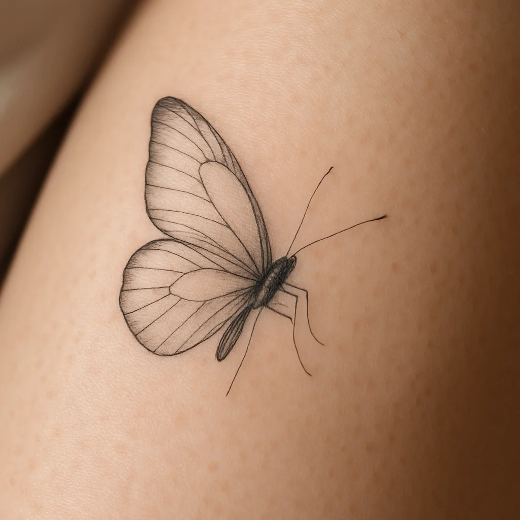 Single-needle fine-line butterfly tattoo with half-open wings on inner thigh