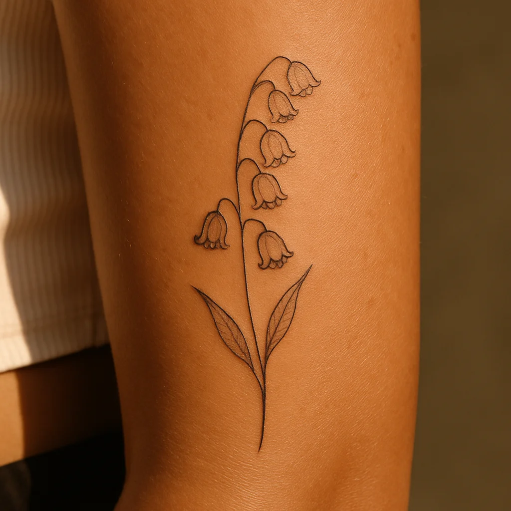 Single-needle lily of the valley stem with seven bells tattooed along the inner forearm