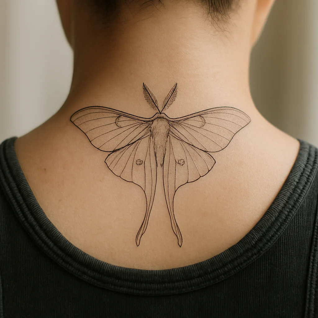 Single-needle luna moth tattoo with mirrored wings at the nape of the neck