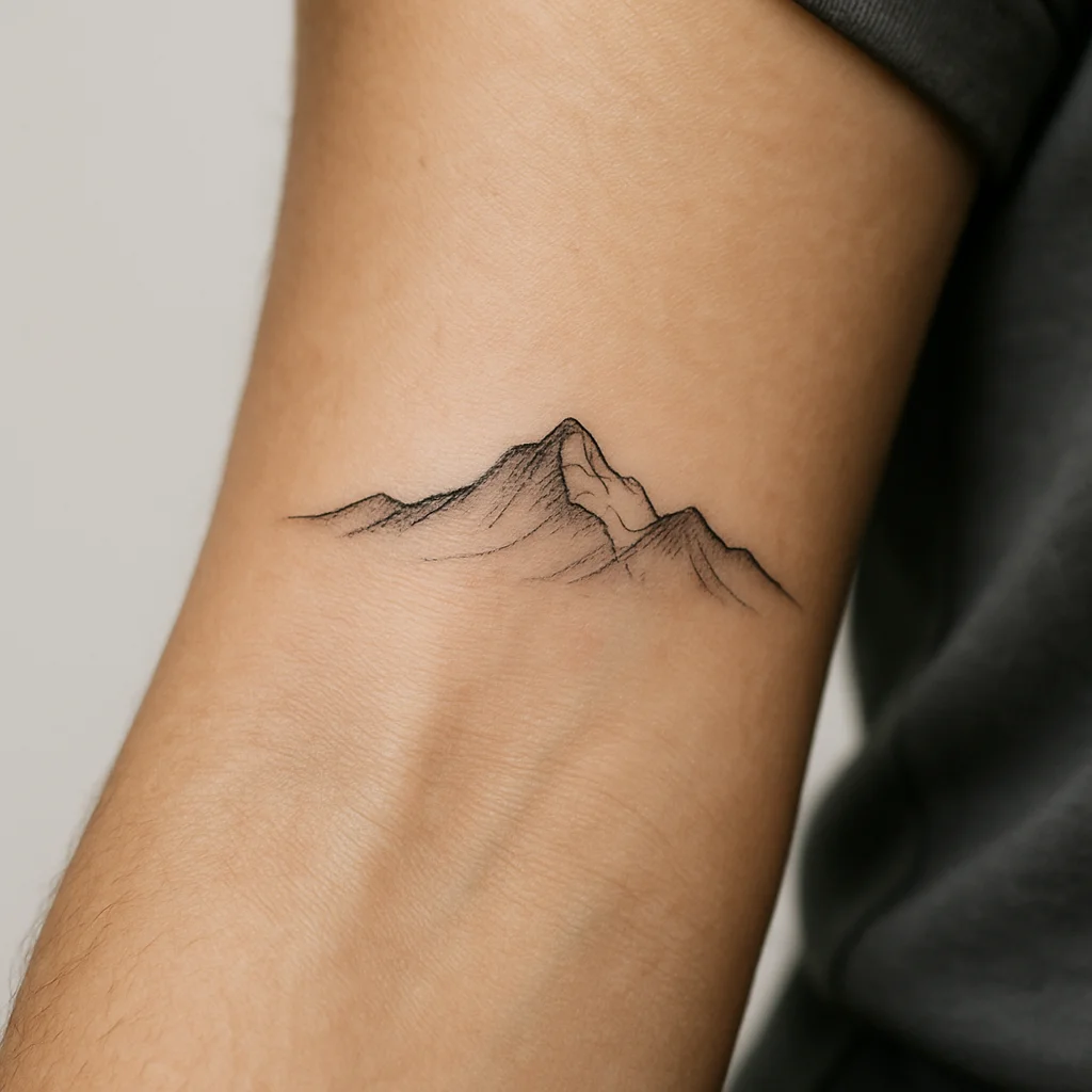 Single-needle mountain peak tattoo tucked below the inner wrist crease