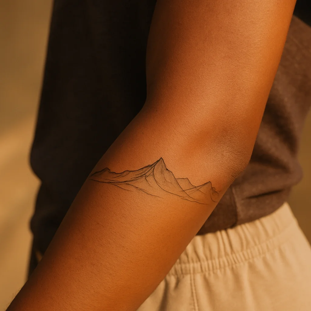 Single-needle mountain ridgeline tattoo running along a man's inner forearm