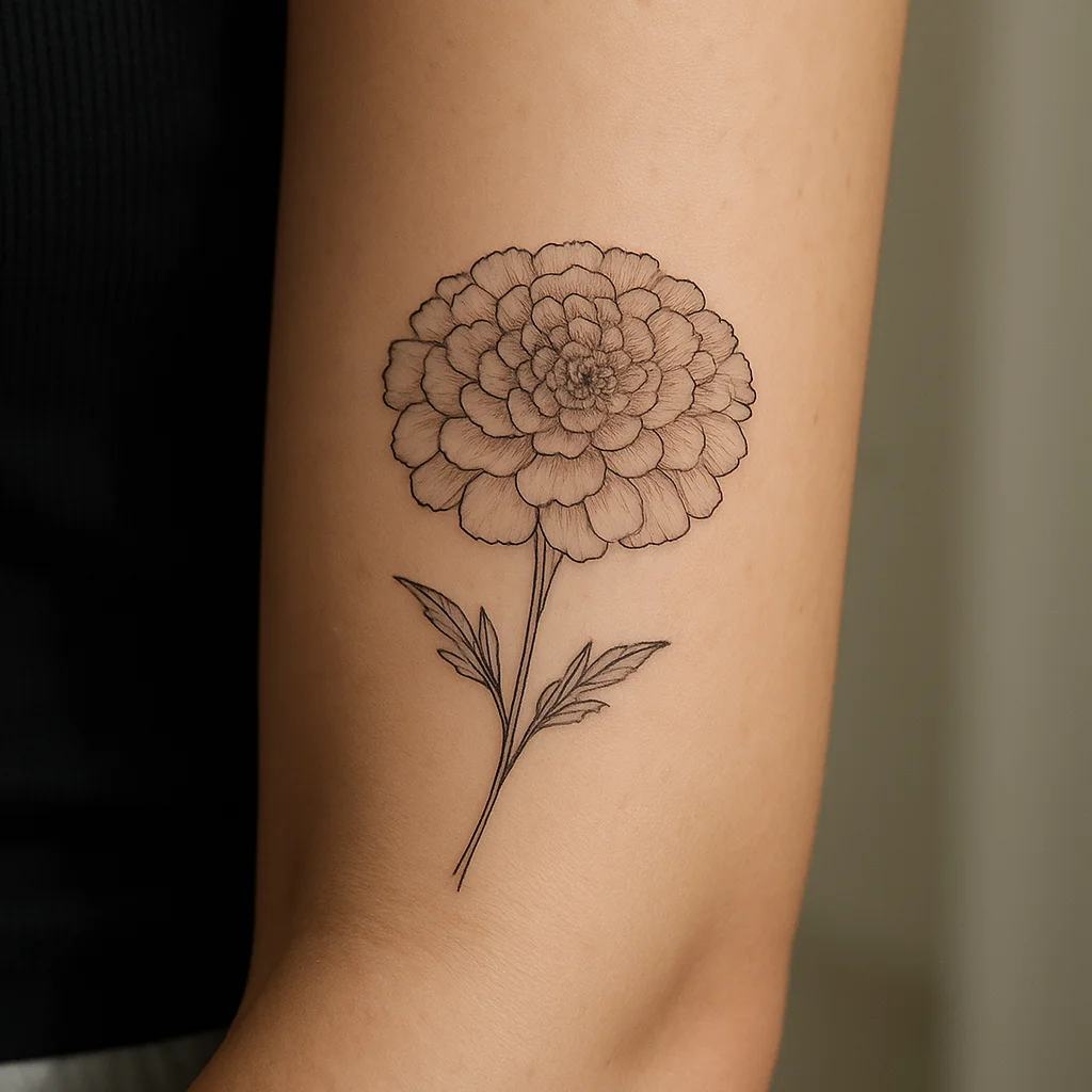 Single-needle Tagetes marigold bloom with layered petal rings on the inner forearm