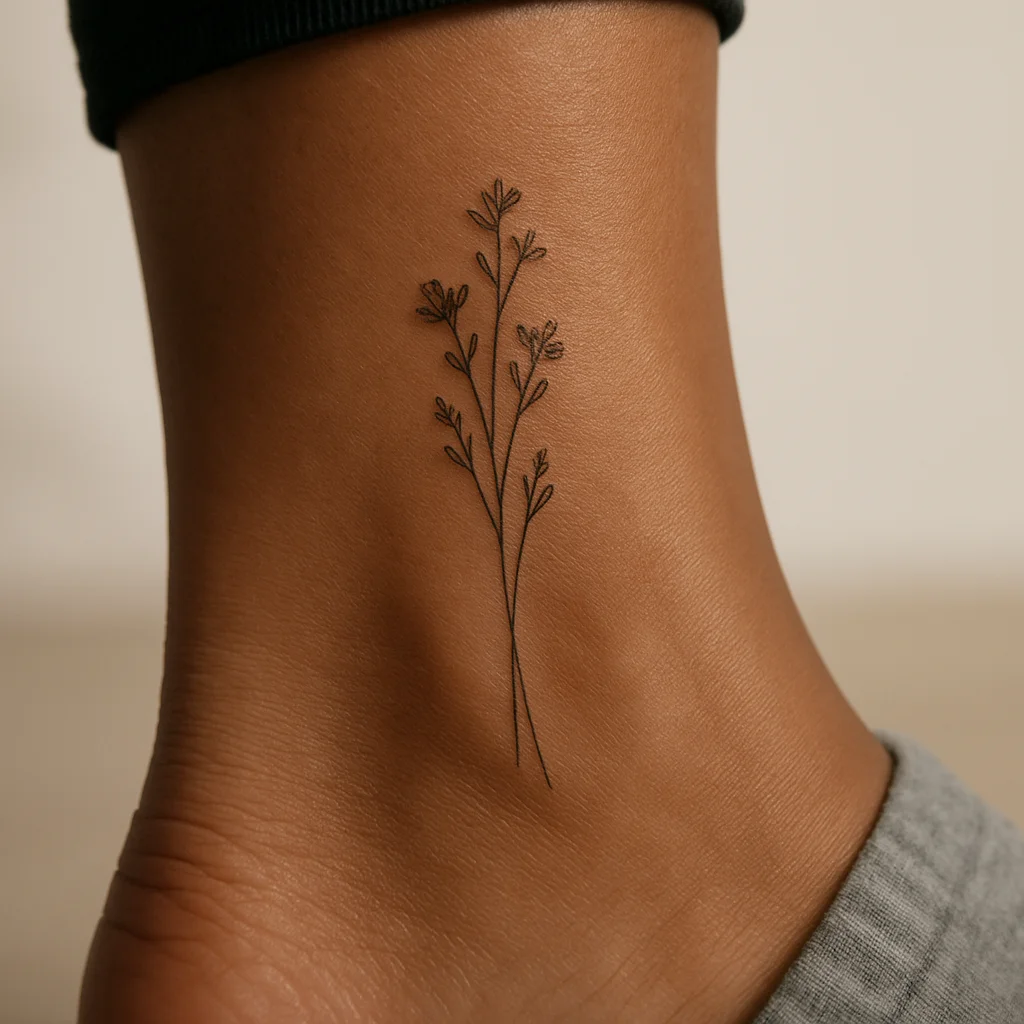 Single-needle wildflower sprig with three stems tattooed on the inner ankle