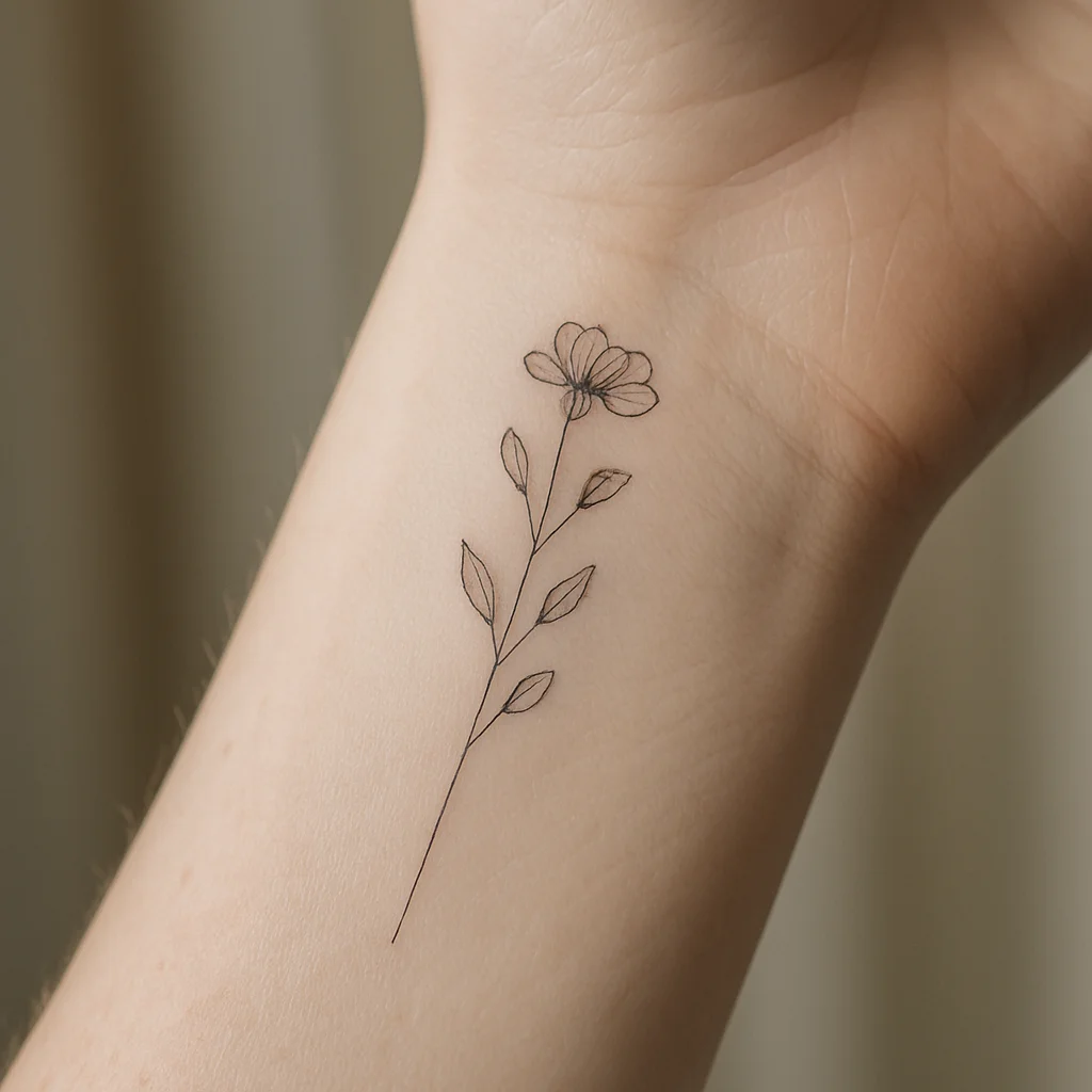 Single-needle wildflower stem tattoo on the inner wrist, sized to sit under a watch strap