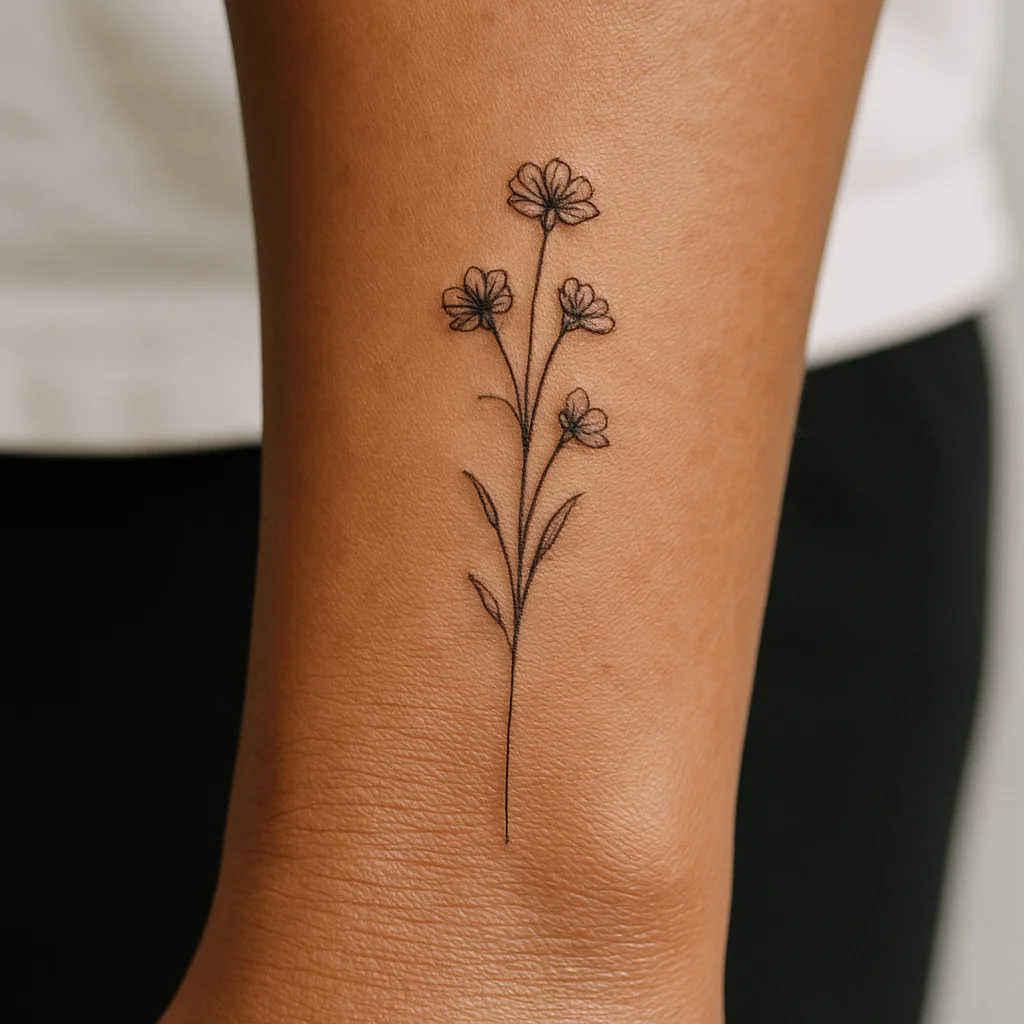 Single-needle wildflower stem with three blooms tattooed small on the inner wrist