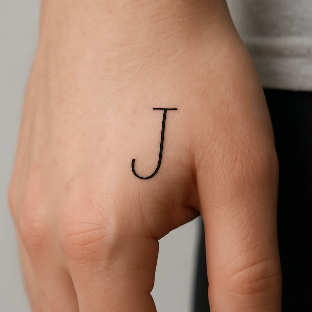 Single printed initial tattoo at the base of the thumb on a woman's hand