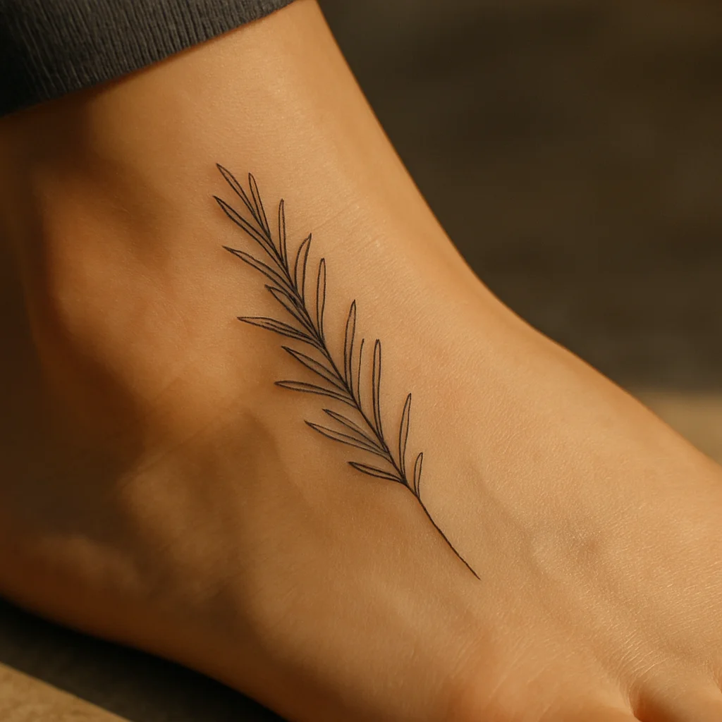 Single rosemary sprig tattooed in fine-line style along the top of the foot