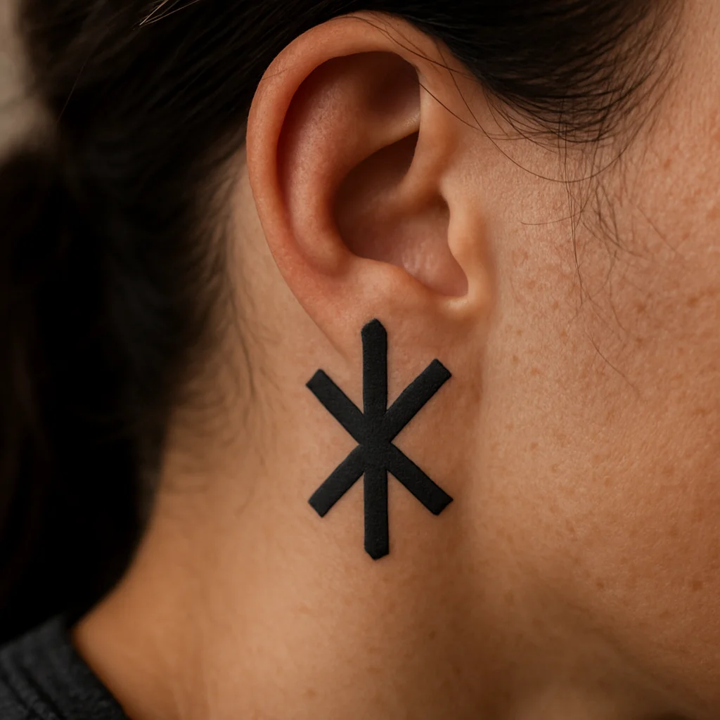 Single rune glyph tattoo in even blackwork strokes behind the ear