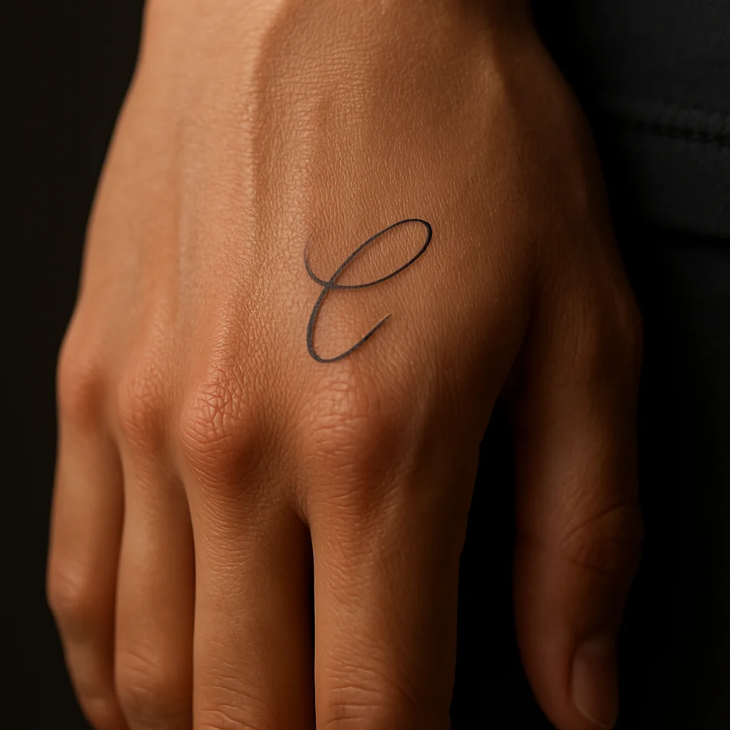 Single script initial tattoo placed below the ring finger on the back of the hand