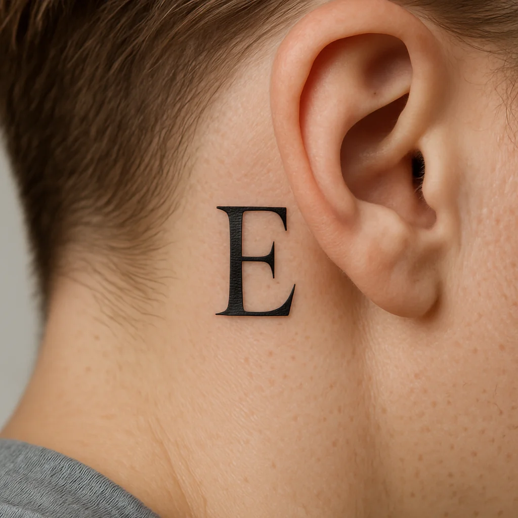 Single serif initial tattoo in small size behind the ear