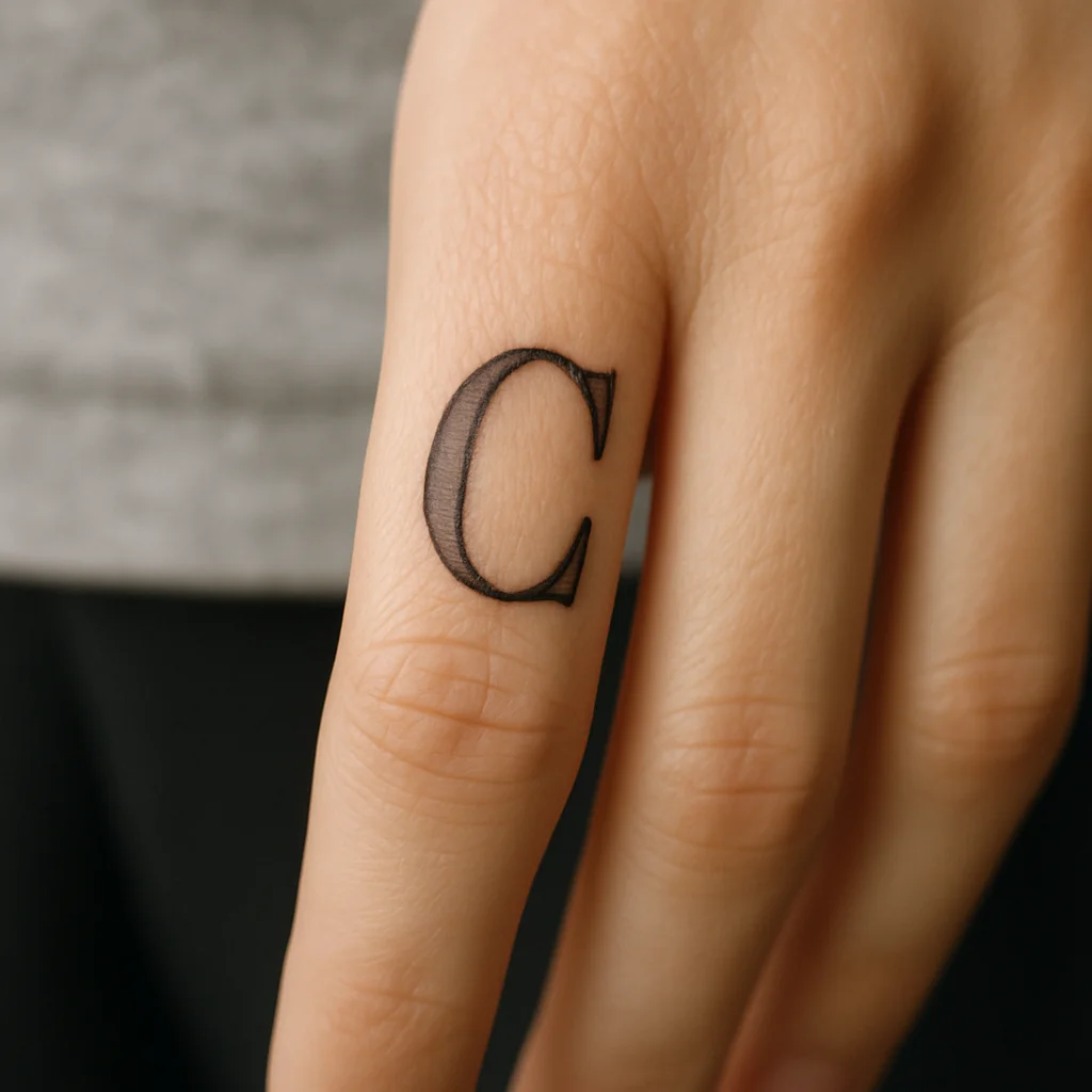 Single serif initial tattooed at the base of a finger