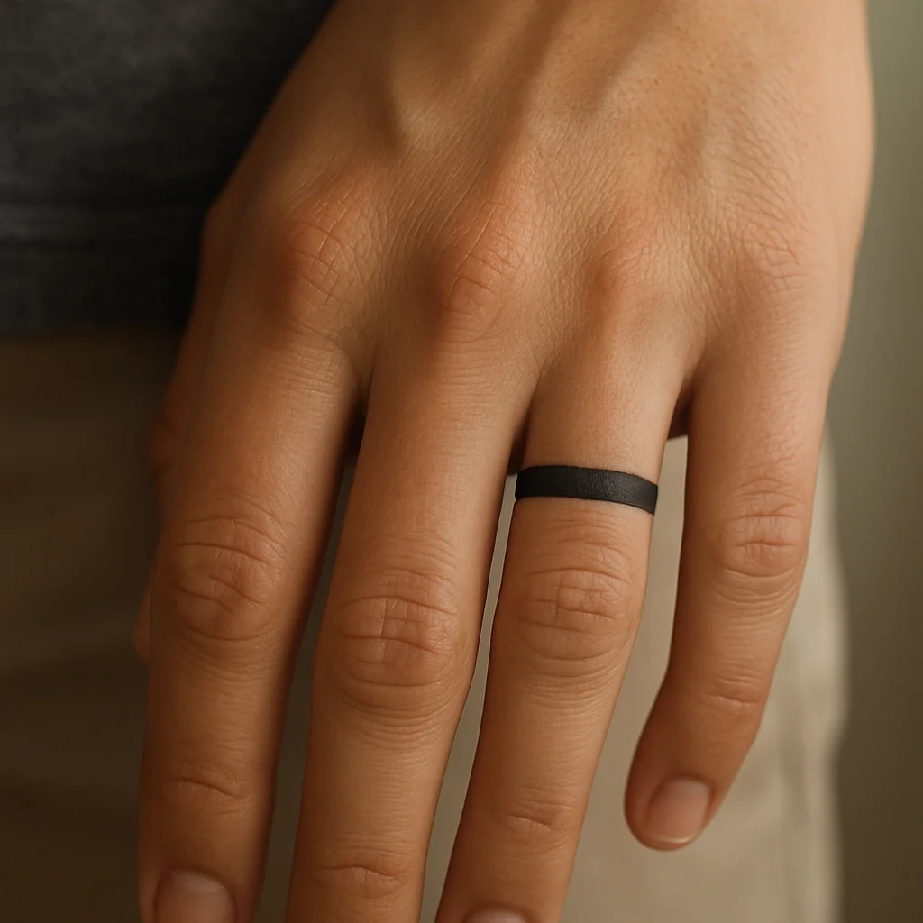 Single solid black band tattoo wrapped around the base of a woman's ring finger