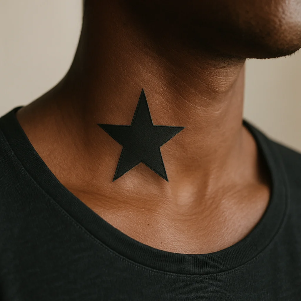 Single solid black five-point star tattoo on the front tendon of the neck