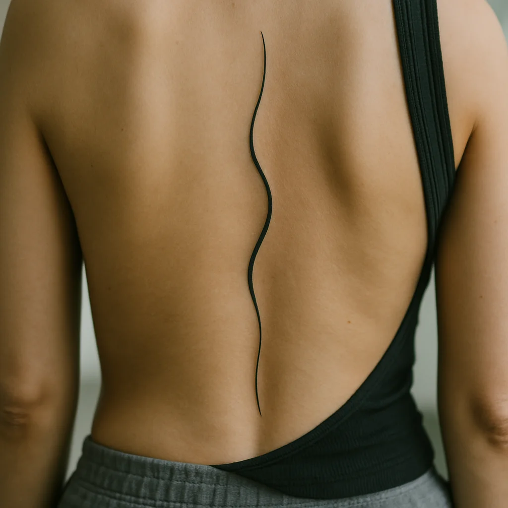 Single unbroken line tattoo swelling and tapering along the spine, minimalist freehand abstract stroke