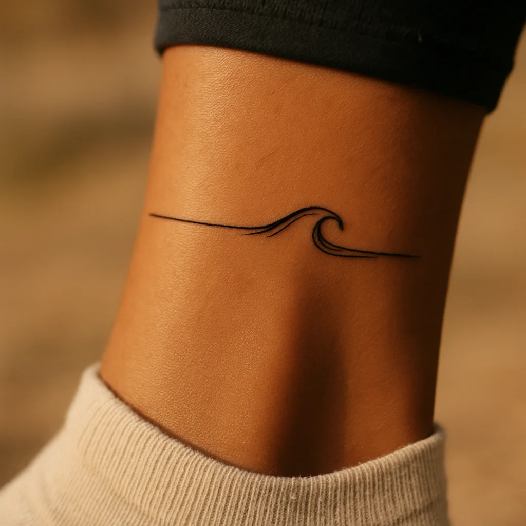 Single wave beneath a horizon line tattooed in minimalist style on the ankle