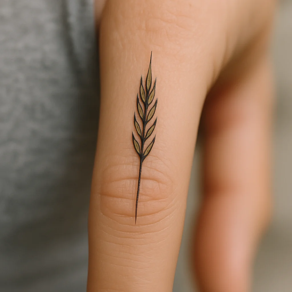 Single wheat grain with paired strokes, minimalist tattoo along the finger