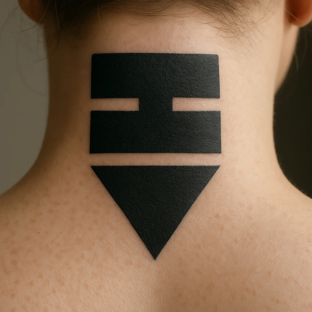 Single word blackwork tattoo at the nape as top half of a split spine lettering pair