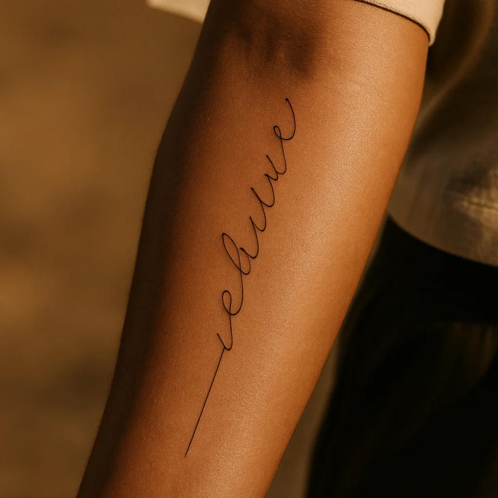 Single word in vertical connected script running down a man's inner forearm