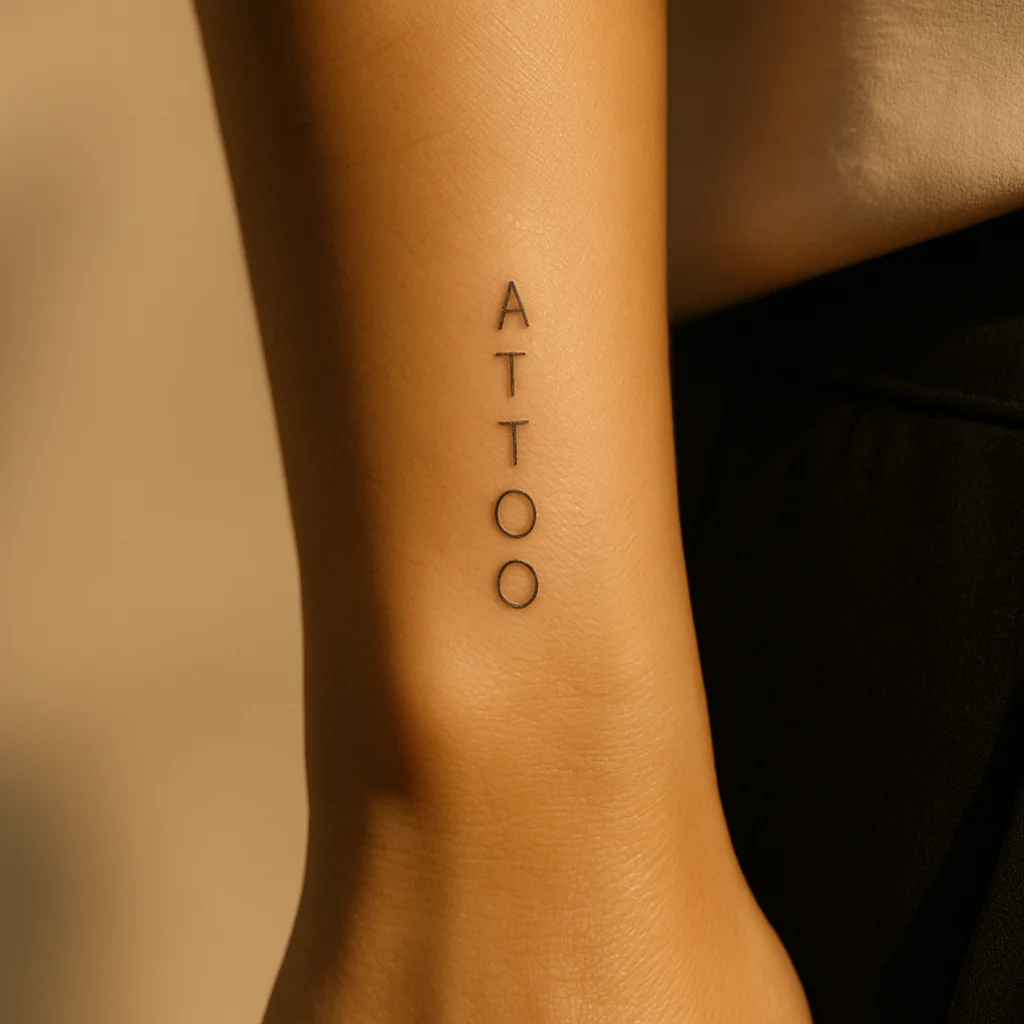 Single word tattoo in stacked capitals running vertically along the wrist edge
