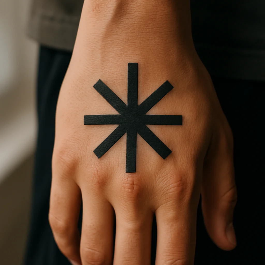 Six-spoke asterisk spark tattoo, geometric style, beside the knuckle on back of hand