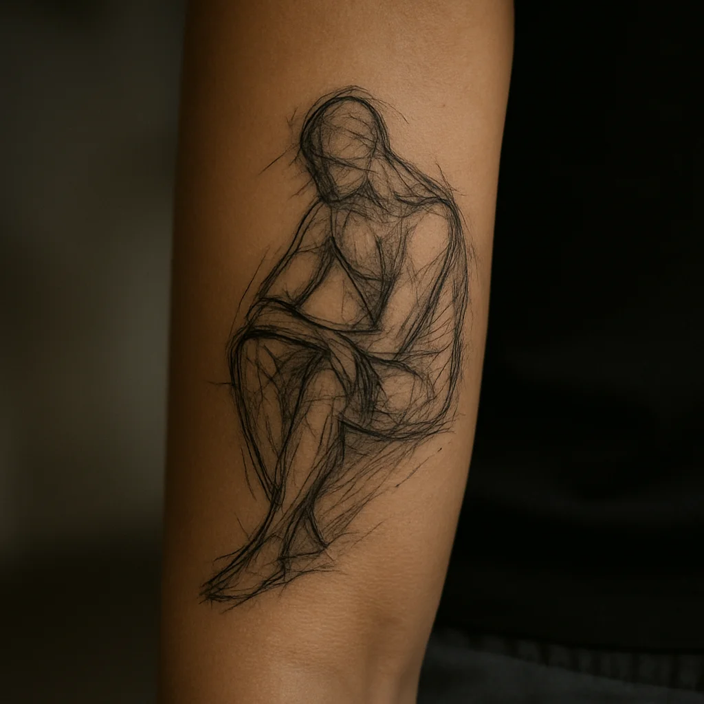 Sketch-style tattoo with visible construction lines on the inner forearm