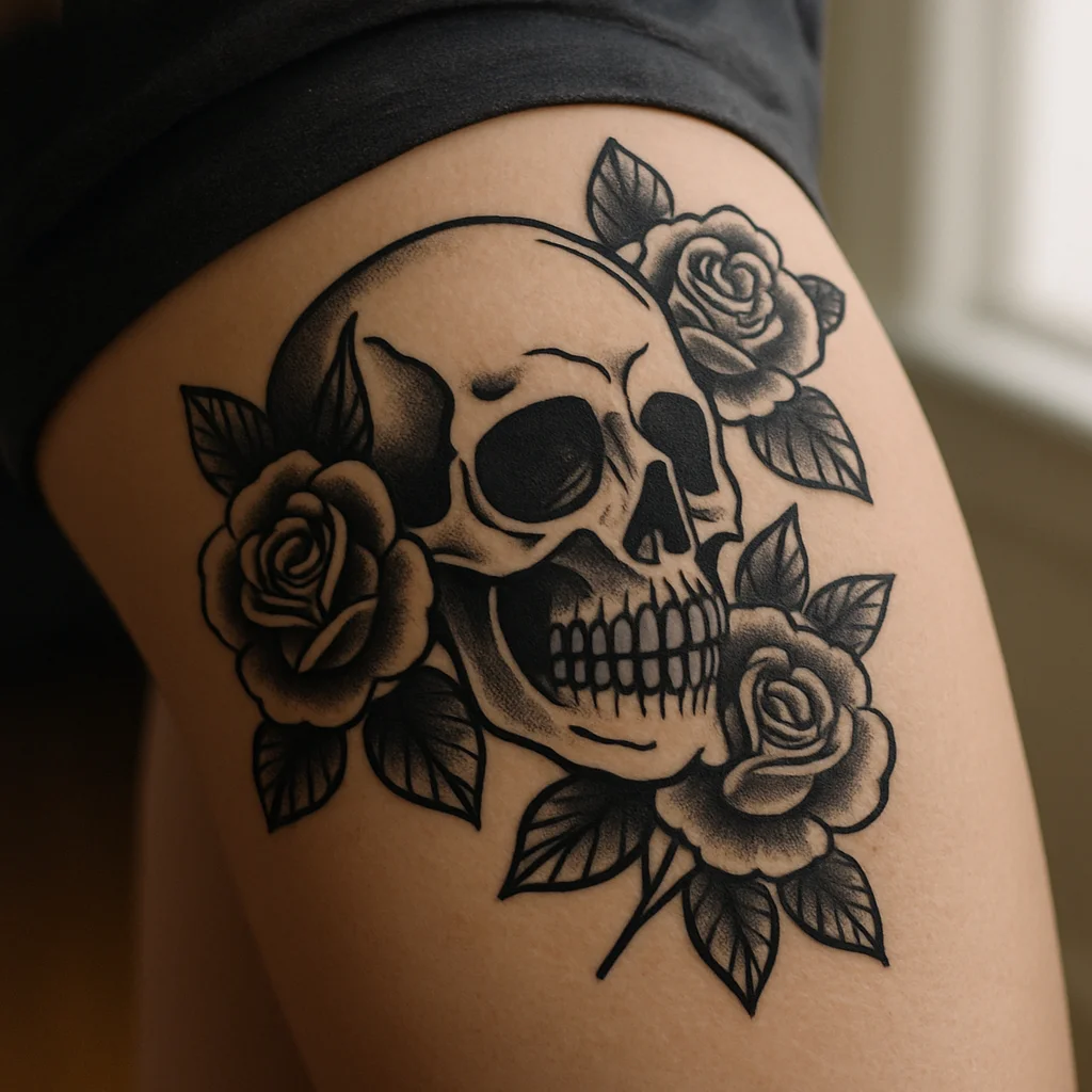 Skull and roses tattoo running across the quad from thigh to knee in traditional style