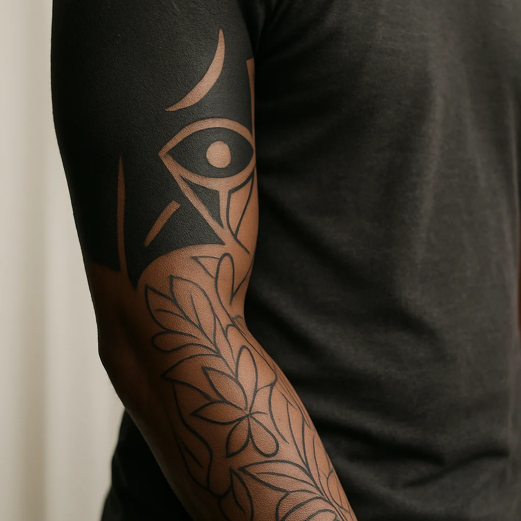 Sleeve in progress with shaded upper arm and fresh outlines on the forearm in blackwork style
