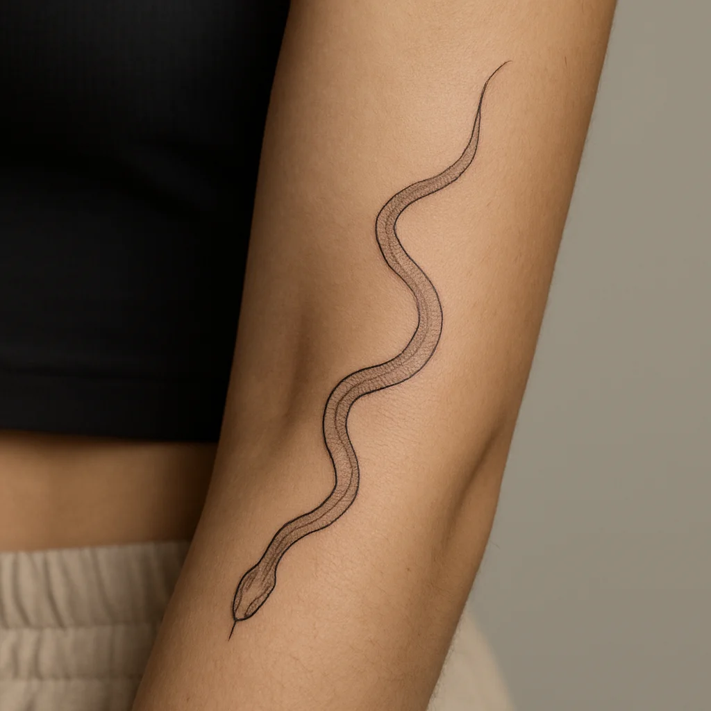 Slender fine-line snake curving along the inner forearm with its head near the wrist