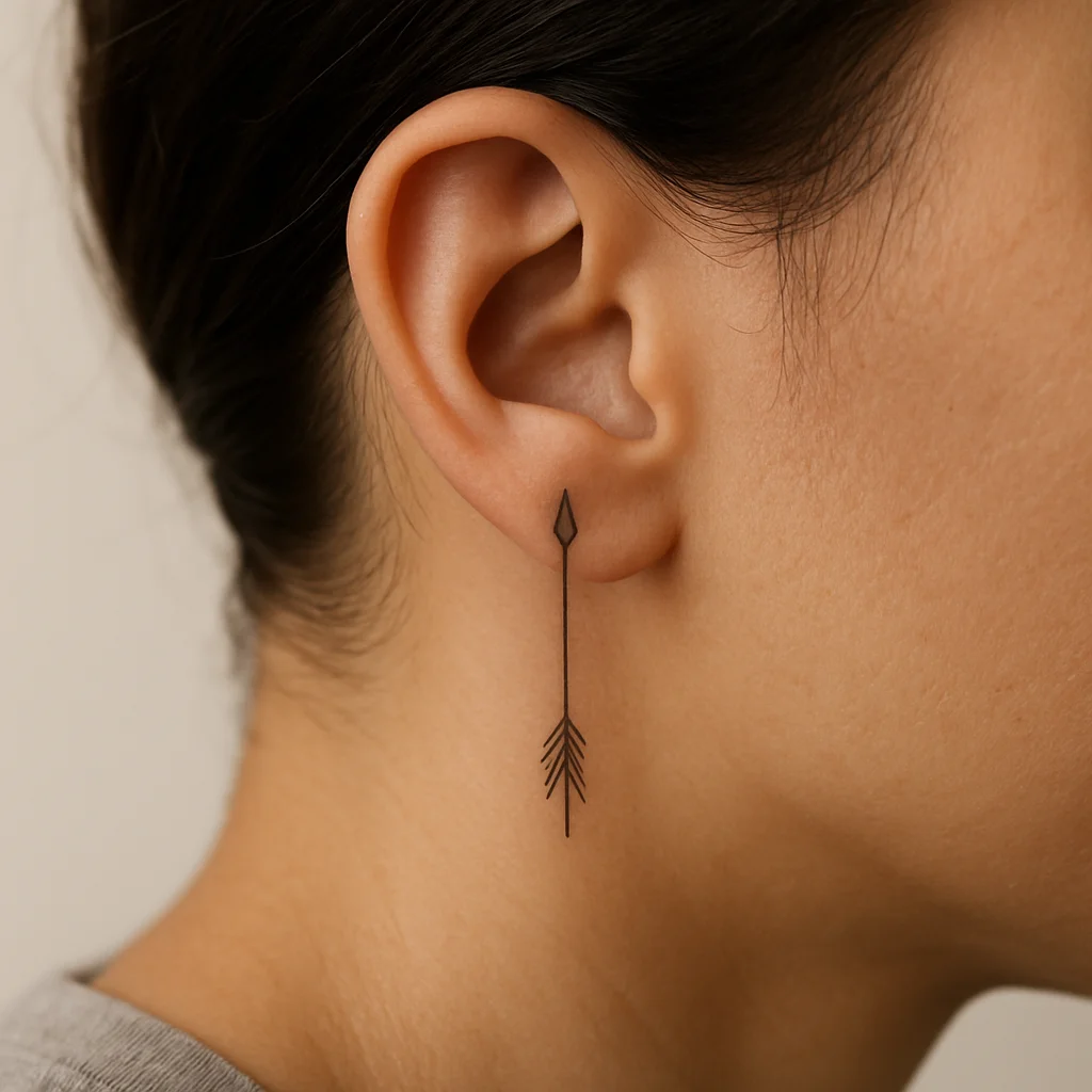 Slim fine-line arrow tattoo running down the crease behind the ear