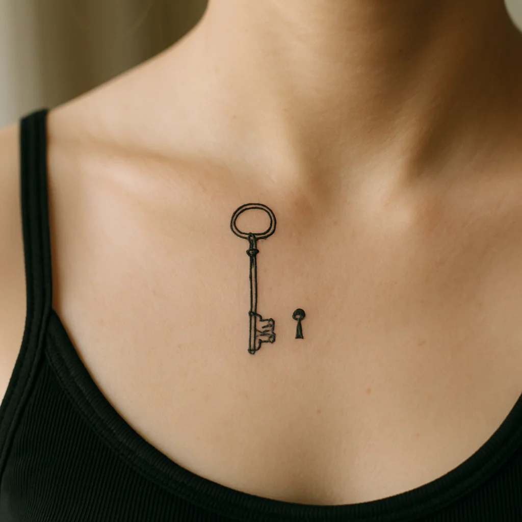 Slim fine-line skeleton key and keyhole pair tattooed along the collarbone