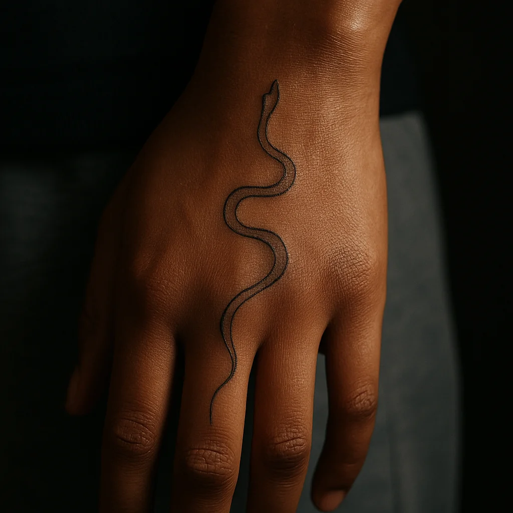 Slim fine-line snake tattoo curving down the back of the hand toward the wrist
