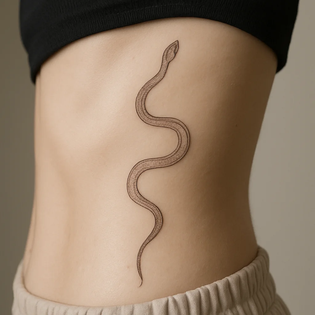 Slim fine-line snake winding vertically along the side of the ribcage