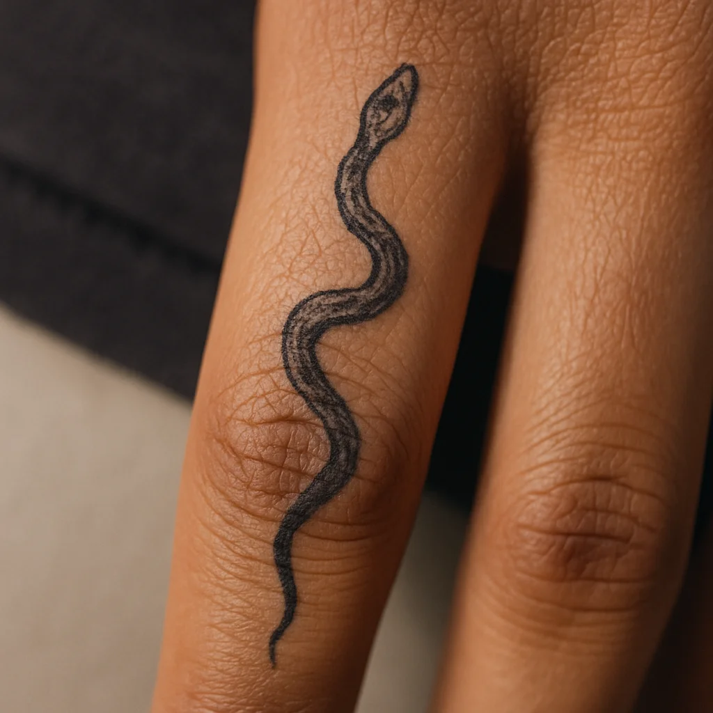 Slim illustrative snake tattoo winding down the top of a finger