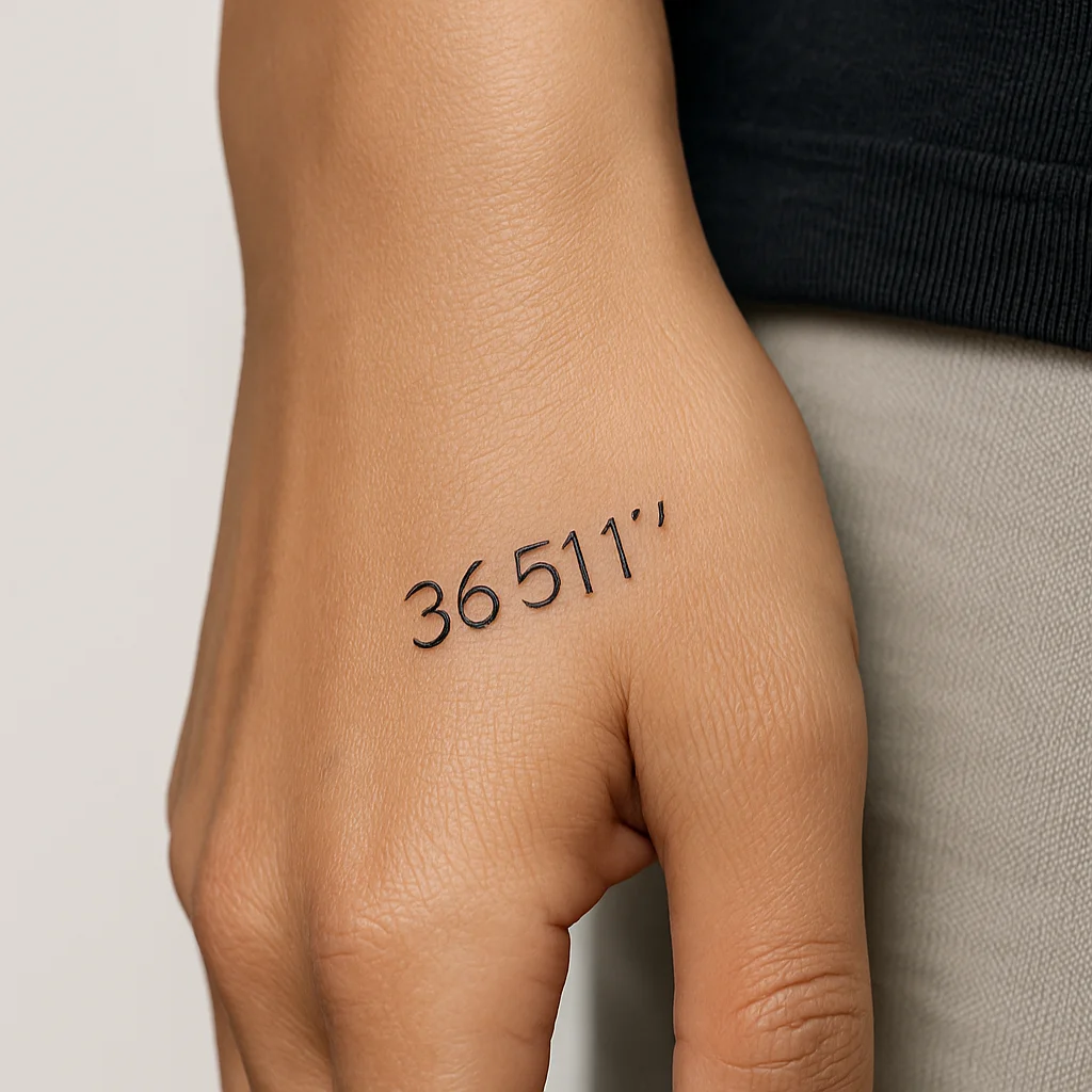 Slim latitude coordinates tattooed along the blade edge of a woman's hand