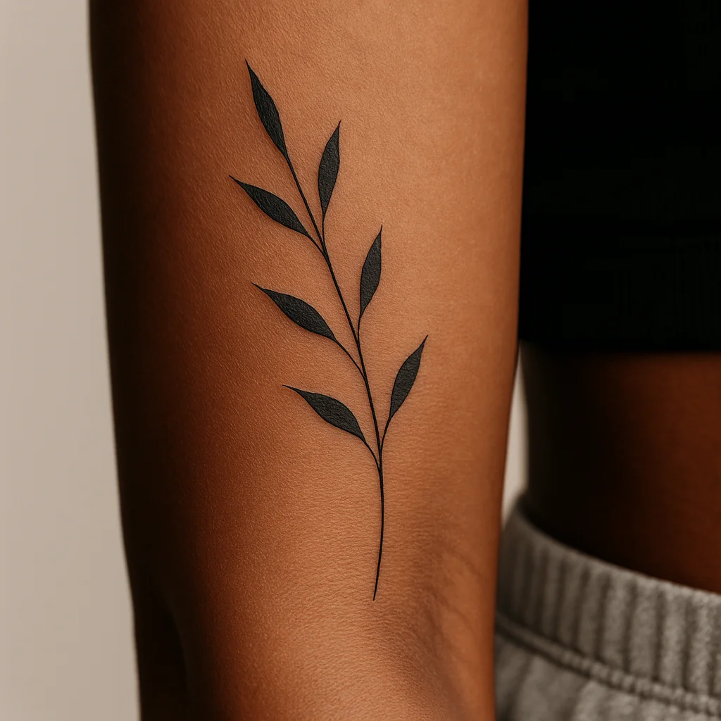 Slim minimalist branch tattoo with widely spaced leaves running along the inner forearm