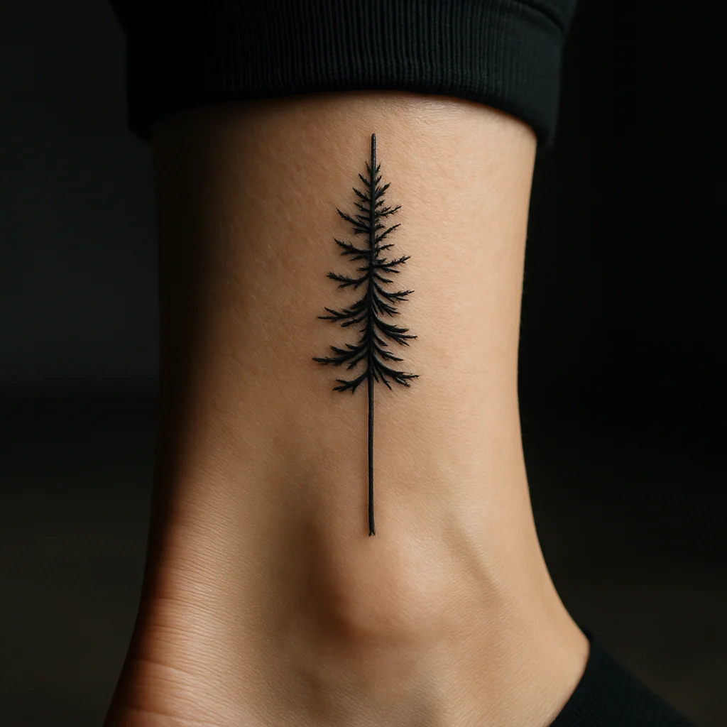 Slim minimalist pine tree tattoo above the ankle bone