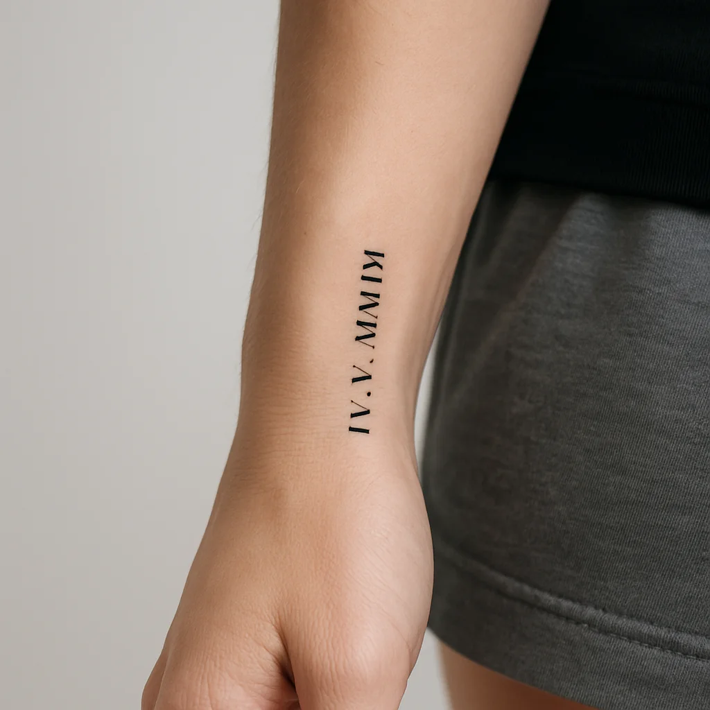 Slim Roman numeral date tattoo running along the blade of a woman's hand