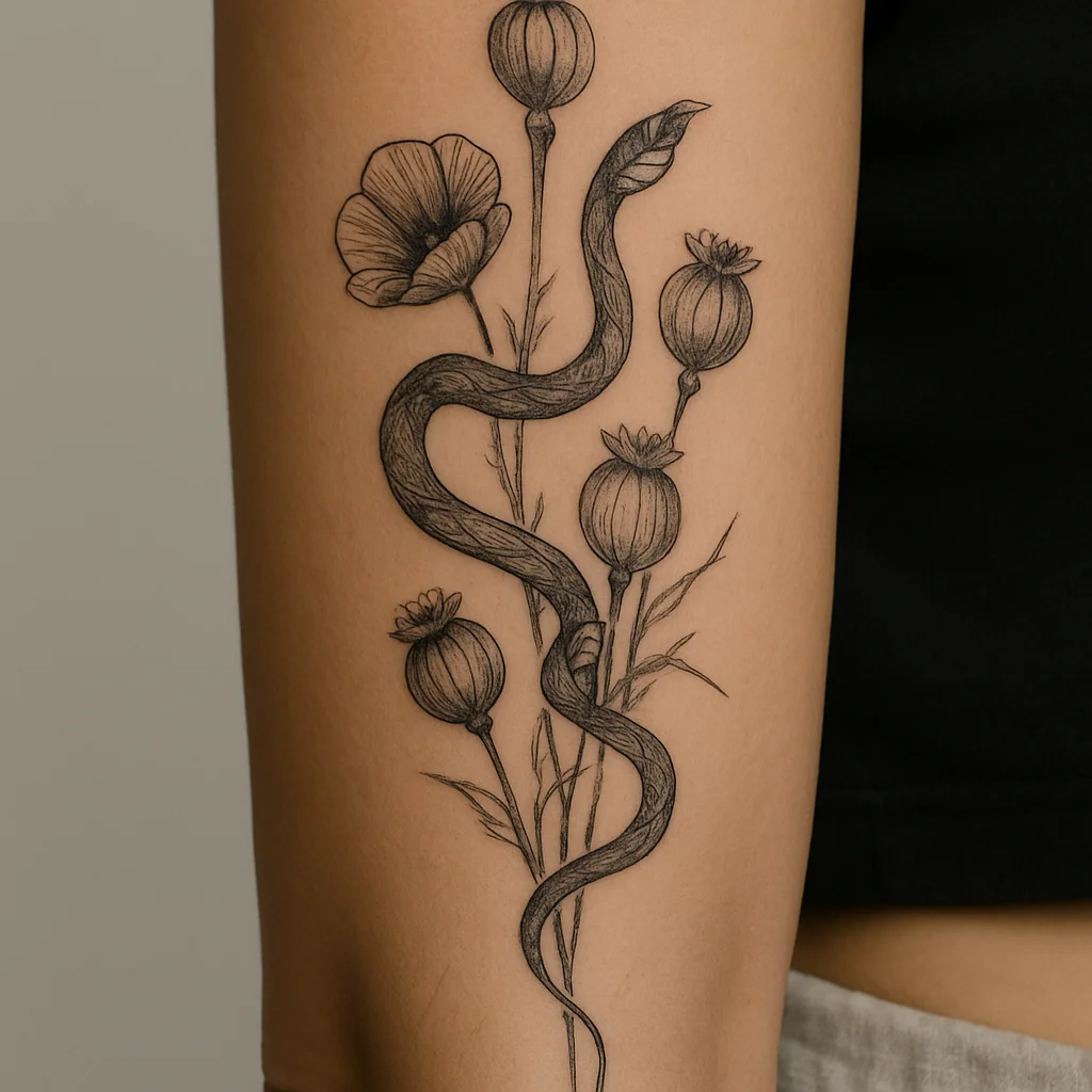 Slim snake winding through poppies and seed pods in illustrative style on the outer forearm