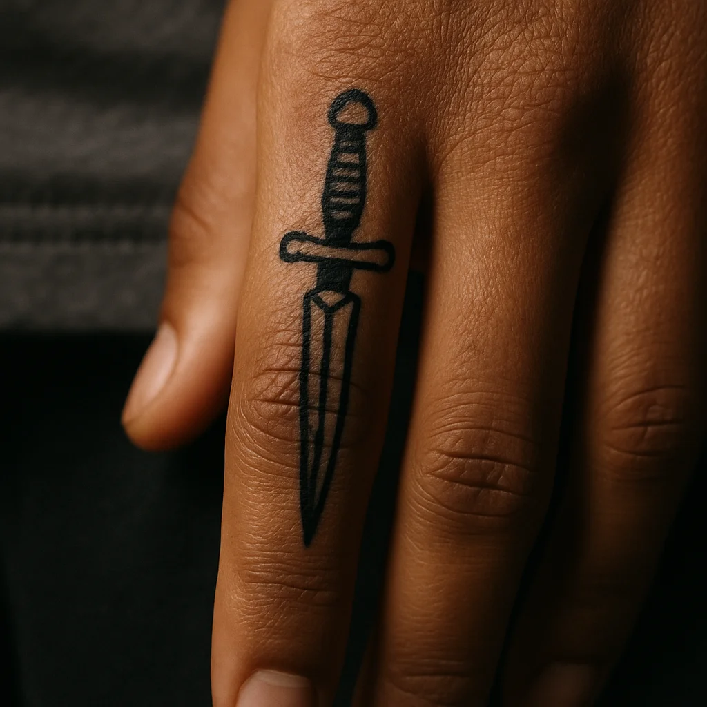 Slim traditional dagger tattoo running down the middle finger toward the fingertip