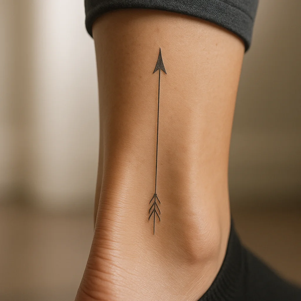 Slim vertical arrow tattoo running beside the Achilles tendon at the back of the ankle