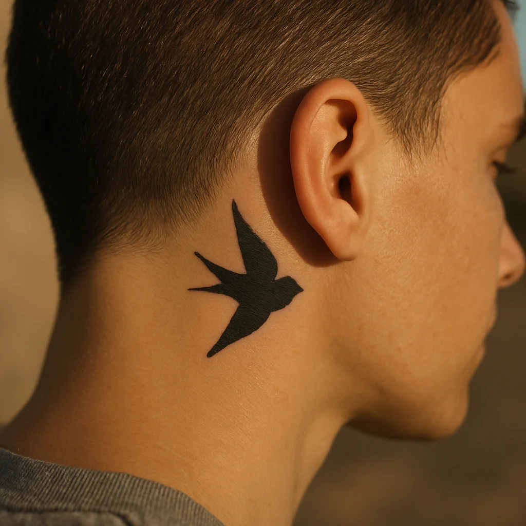 Small black swallow tattoo behind the ear with a shaved hairline margin