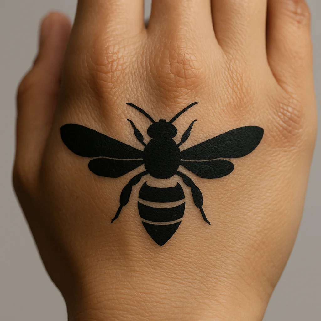 Small blackwork bee with open wings tattoo on the back of the hand